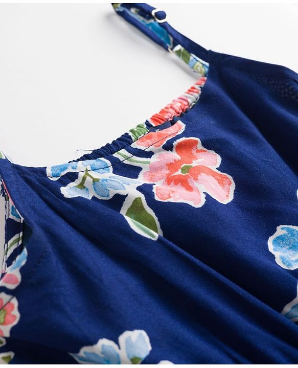 Pine Kids Woven Sleeveless Floral Printed Tiered Frock - Navy Blue