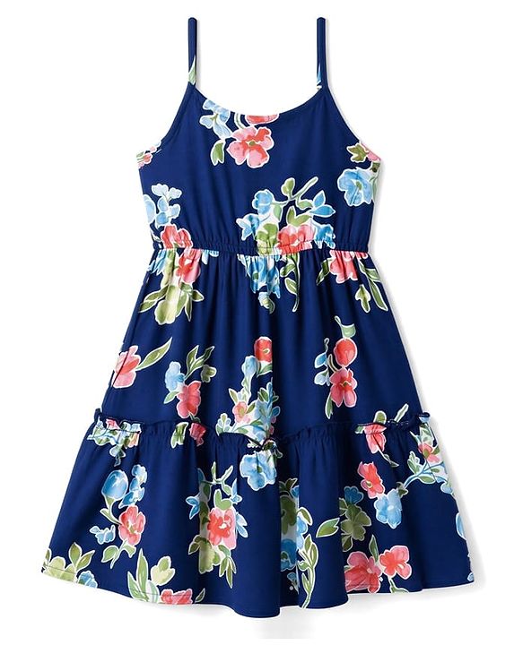 Pine Kids Woven Sleeveless Floral Printed Tiered Frock - Navy Blue