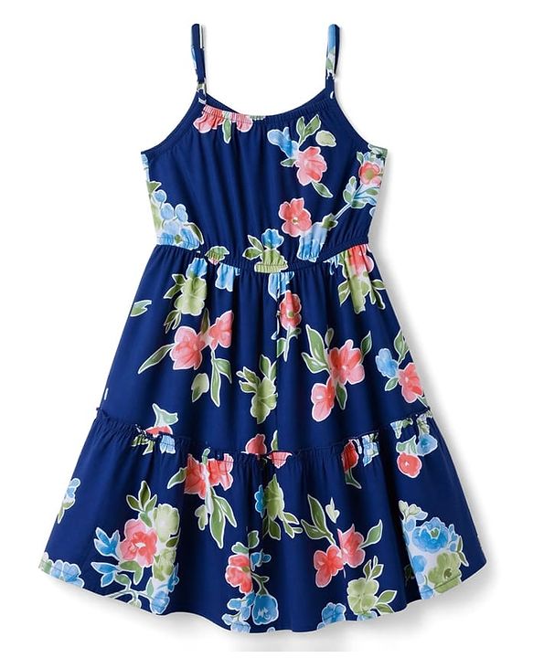 Pine Kids Woven Sleeveless Floral Printed Tiered Frock - Navy Blue