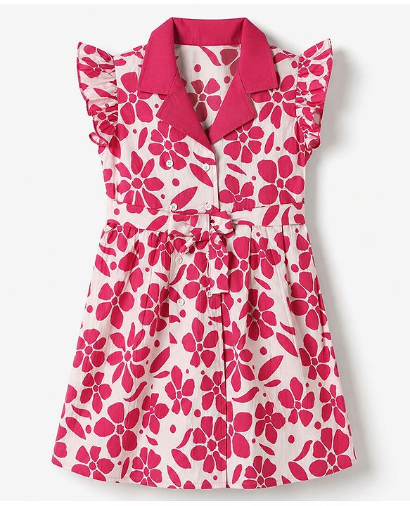 Pine Kids Cotton Woven One Piece Dress with Sleeveless and Floral Print in Dark Pink for 4-5 Years