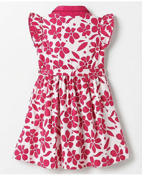 Pine Kids Cotton Woven One Piece Dress with Sleeveless and Floral Print in Dark Pink for 4-5 Years