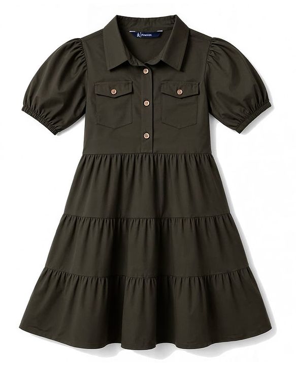 Pine Kids Twill Woven Half Sleeves Solid Tiered Shirt Dress - Olive Green