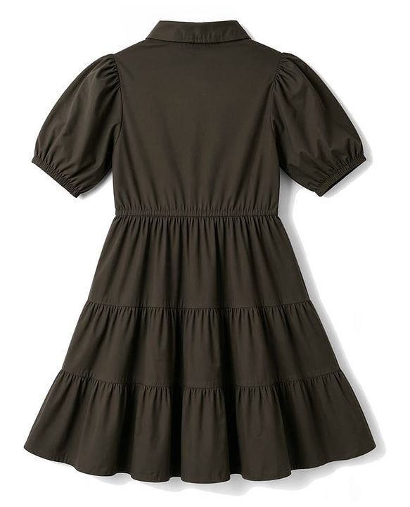 Pine Kids Twill Woven Half Sleeves Solid Tiered Shirt Dress - Olive Green