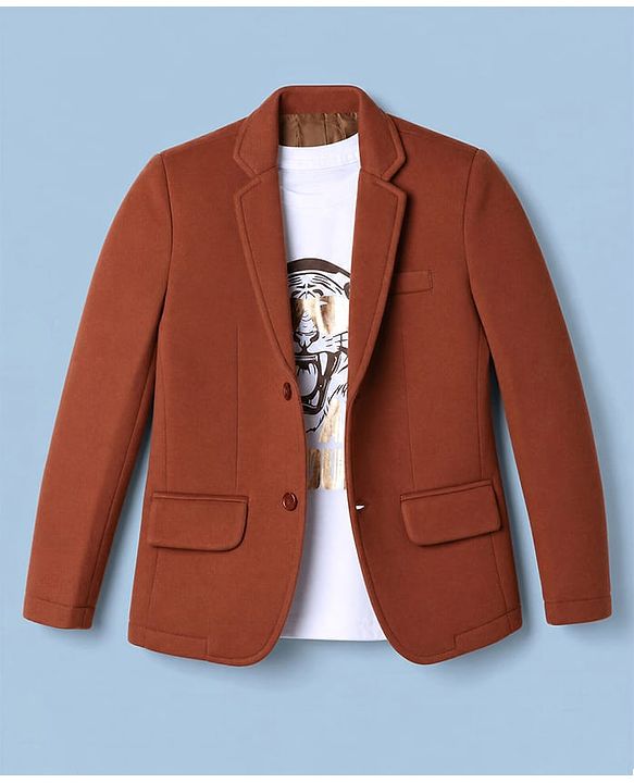 Pine Kids Cotton Mix Knit Full Sleeves Blazer & Lion Printed T-Shirt - Brown