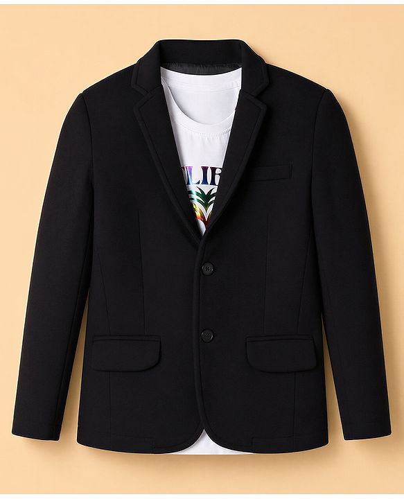 Pine Kids Cotton Mix Woven Full Sleeves Blazer With Text & Lion Printed T-Shirt - Black