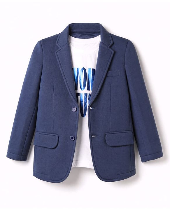 Pine Kids Cotton Mix Knit Full Sleeves Blazer With Text Printed Inner Tee - Navy Blue