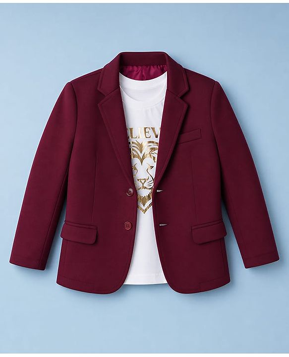 Pine Kids Cotton Mix Knit Full Sleeves Solid Blazer With Lion & Text Printed Inner Tee - Maroon