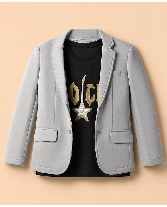 Pine Kids Cotton Mix Knit Full Sleeves Solid Blazer With Text Printed Inner Tee - Grey