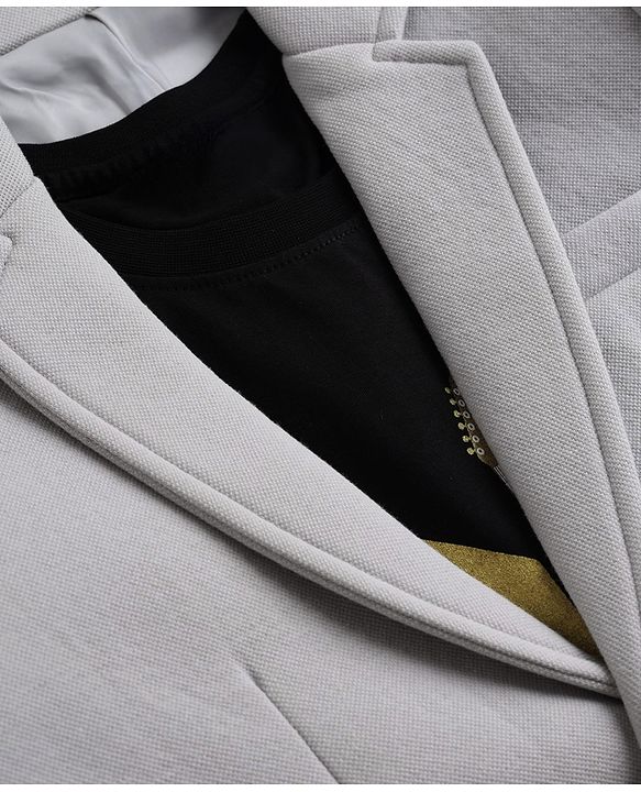 Pine Kids Cotton Mix Knit Full Sleeves Solid Blazer With Text Printed Inner Tee - Grey