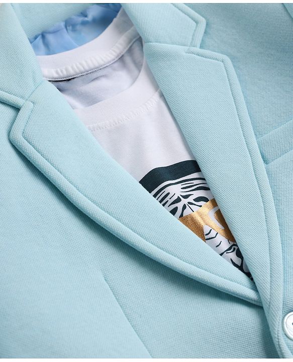 Pine Kids Cotton Mix Knit Full Sleeves Solid Blazer With Lion & Text Printed Inner Tee - Light Blue