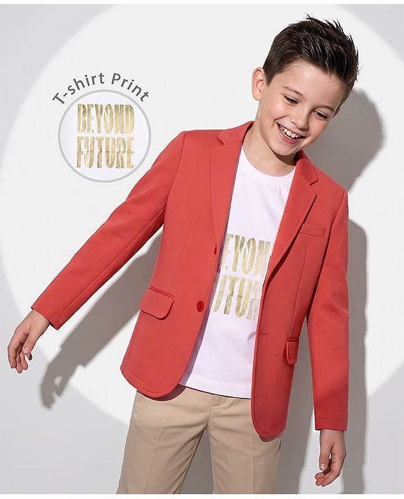Pine Kids Cotton Knit Full Sleeves Blazer With Beyond Future Text Print - Coral