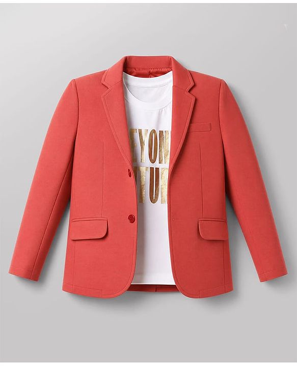 Pine Kids Cotton Knit Full Sleeves Blazer With Beyond Future Text Print - Coral