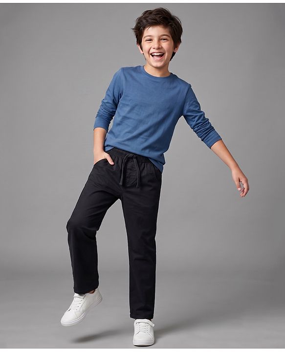 Pine Kids Cotton Elastane Woven Full Length Solid Trouser - Black