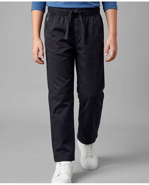 Pine Kids Cotton Elastane Woven Full Length Solid Trouser - Black