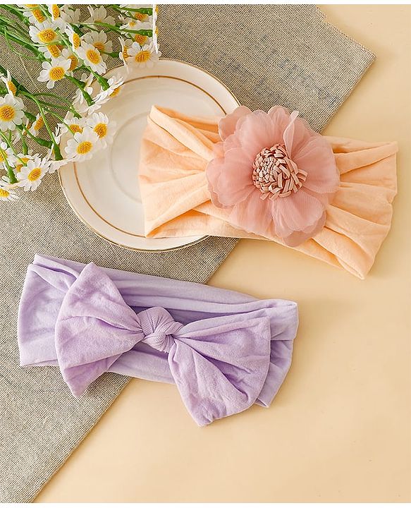 Babyhug Headbands With Floral and Bow Applique Pack of 2 -Purple, Peach