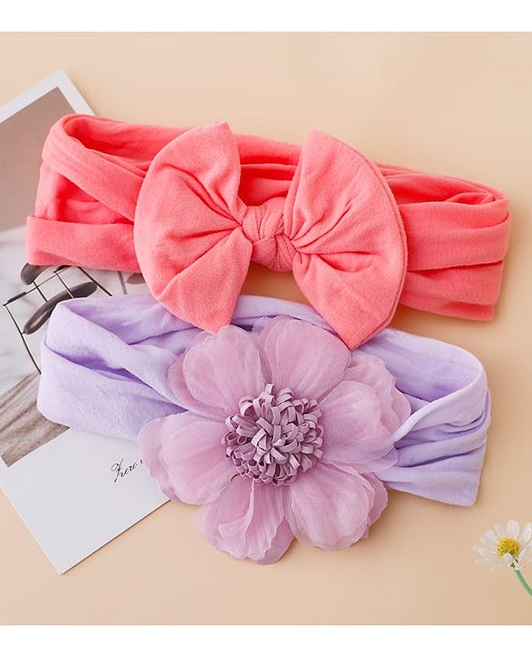 Babyhug Headbands With Floral and Bow Applique Pack of 2 -Purple, Peach