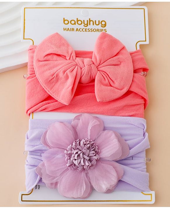 Babyhug Headbands With Floral and Bow Applique Pack of 2 -Purple, Peach