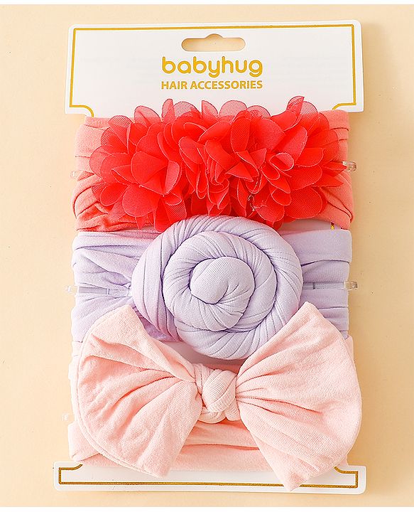 Babyhug Set Of 3 Bow Applique Detailed Headbands - Pink,Red ,Purple