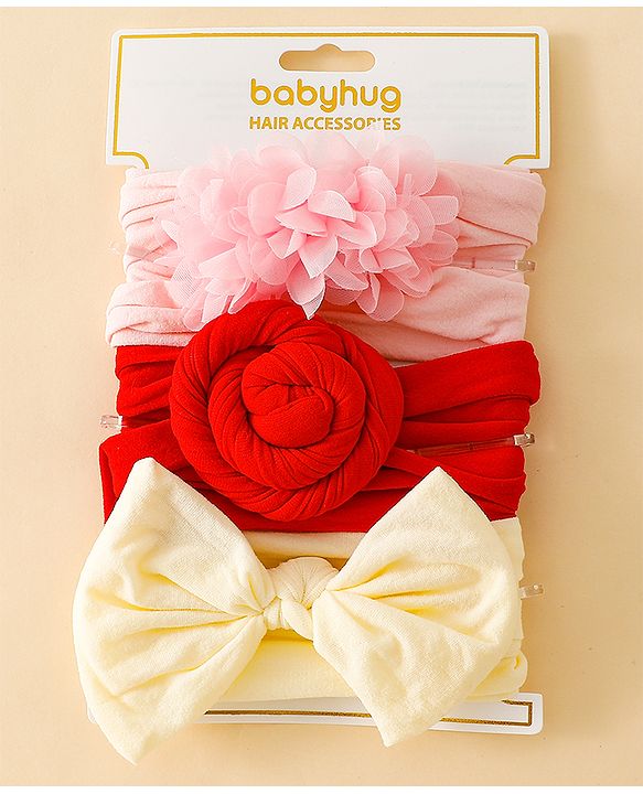 Babyhug Set Of 3 Bow Applique Detailed Headbands - Pink,Red ,Purple