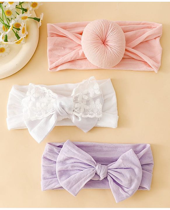 Babyhug Headbands With Bow Applique Pack of 3 - Pink,White,Purple