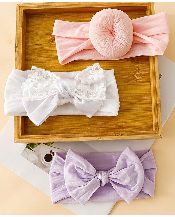 Babyhug Headbands With Bow Applique Pack of 3 - Pink,White,Purple