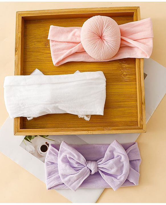 Babyhug Headbands With Bow Applique Pack of 3 - Pink,White,Purple