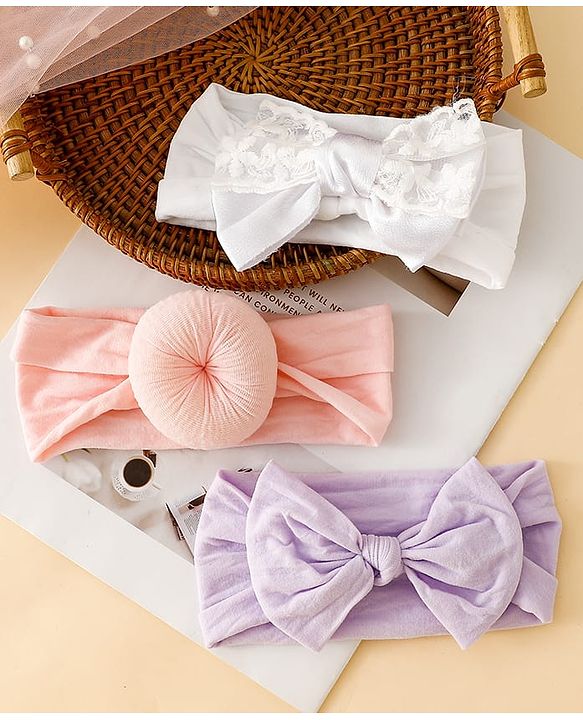 Babyhug Headbands With Bow Applique Pack of 3 - Pink,White,Purple