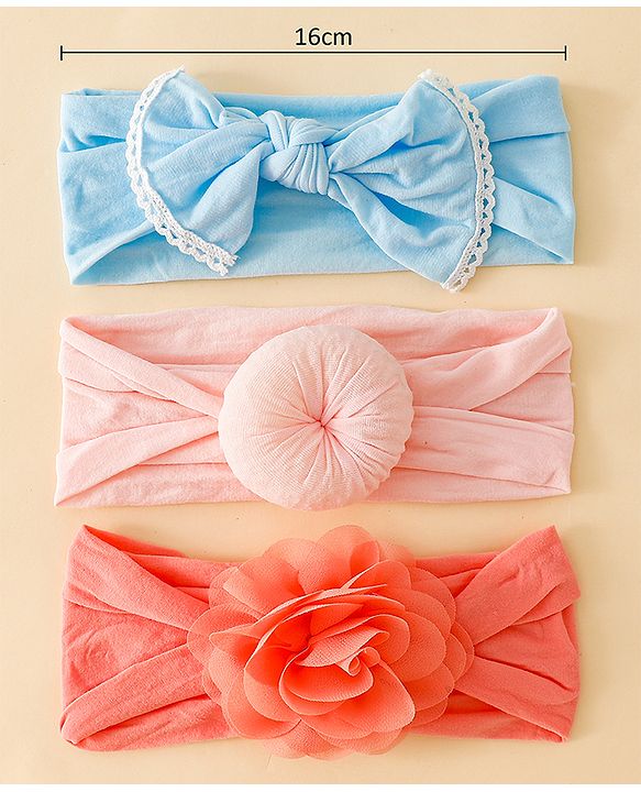 Babyhug Headbands With Floral and Bow Applique Pack of 3 - Pink ,Red, Light Blue
