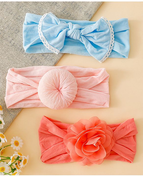 Babyhug Headbands With Floral and Bow Applique Pack of 3 - Pink ,Red, Light Blue