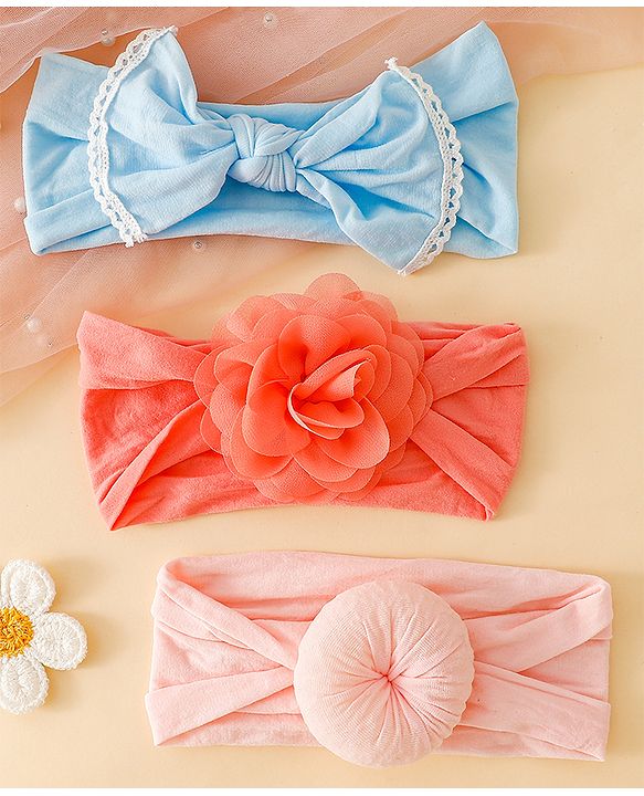 Babyhug Headbands With Floral and Bow Applique Pack of 3 - Pink ,Red, Light Blue