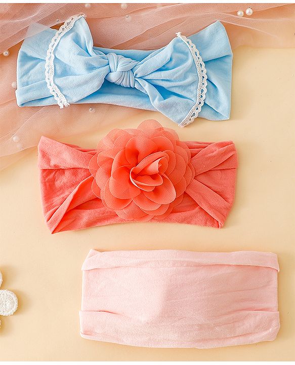 Babyhug Headbands With Floral and Bow Applique Pack of 3 - Pink ,Red, Light Blue