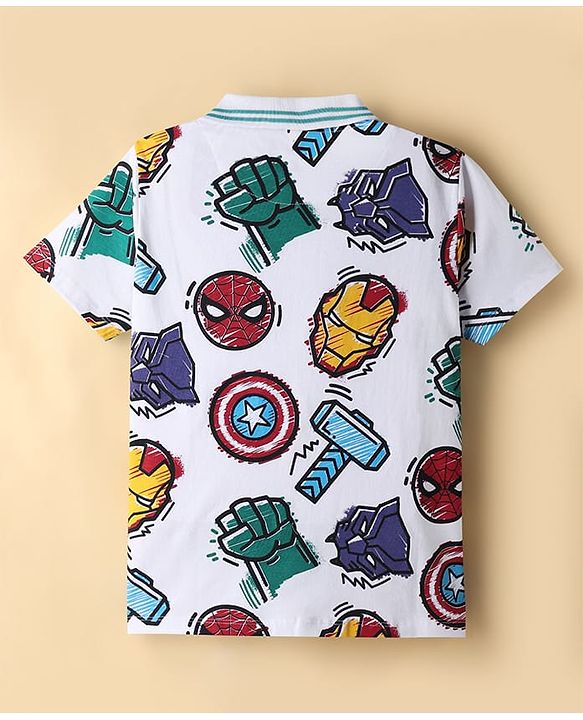 Pine Kids Marvel Single Jersey Knit Half Sleeves Polo T-Shirts with Marvel Print - White