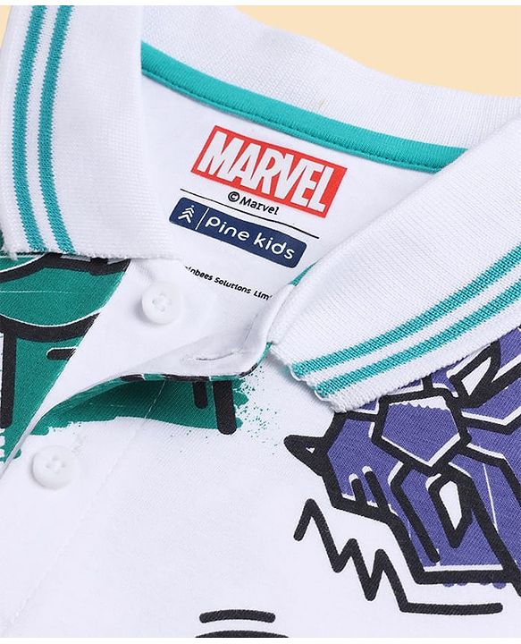 Pine Kids Marvel Single Jersey Knit Half Sleeves Polo T-Shirts with Marvel Print - White