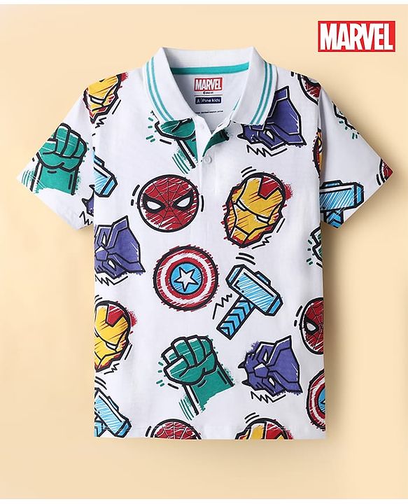 Pine Kids Marvel Single Jersey Knit Half Sleeves Polo T-Shirts with Marvel Print - White