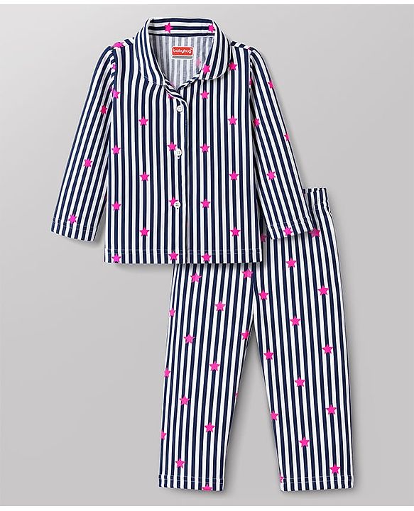 Babyhug Cotton Knit Full Sleeves Shirt & Pyjama Co-Ord Striped Night Suit With Star Print - Navy Blue