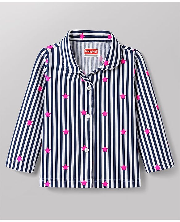 Babyhug Cotton Knit Full Sleeves Shirt & Pyjama Co-Ord Striped Night Suit With Star Print - Navy Blue