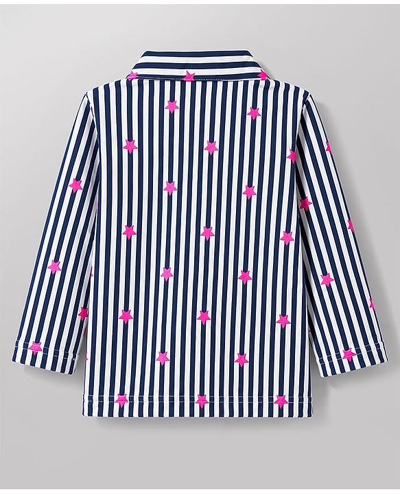 Babyhug Cotton Knit Full Sleeves Shirt & Pyjama Co-Ord Striped Night Suit With Star Print - Navy Blue