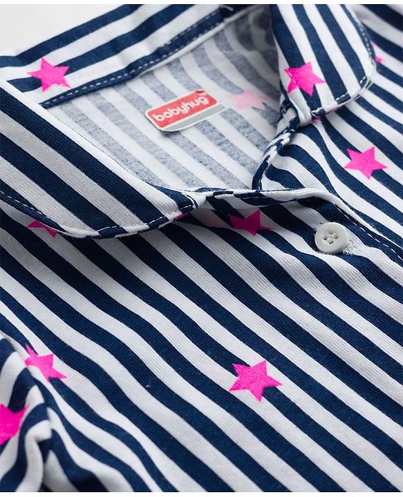 Babyhug Cotton Knit Full Sleeves Shirt & Pyjama Co-Ord Striped Night Suit With Star Print - Navy Blue
