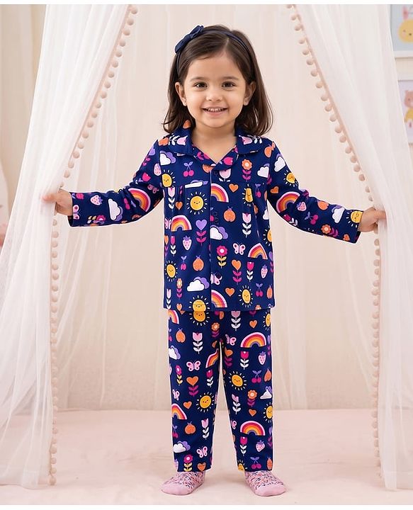 Babyhug Cotton Knit Full Sleeves Floral Butterfly & Hearts Printed Co-Ords Shirt & Pyjama Night Suit - Navy Blue