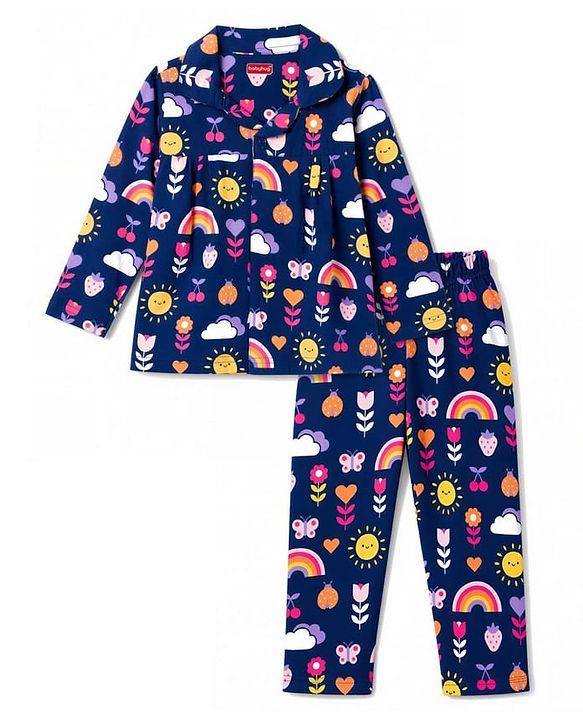 Babyhug Cotton Knit Full Sleeves Floral Butterfly & Hearts Printed Co-Ords Shirt & Pyjama Night Suit - Navy Blue