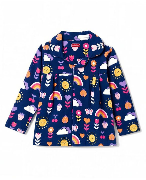 Babyhug Cotton Knit Full Sleeves Floral Butterfly & Hearts Printed Co-Ords Shirt & Pyjama Night Suit - Navy Blue