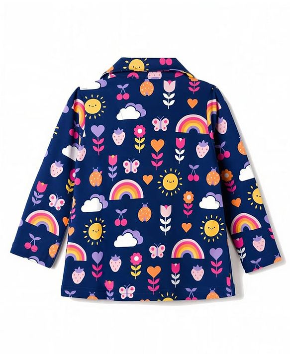 Babyhug Cotton Knit Full Sleeves Floral Butterfly & Hearts Printed Co-Ords Shirt & Pyjama Night Suit - Navy Blue