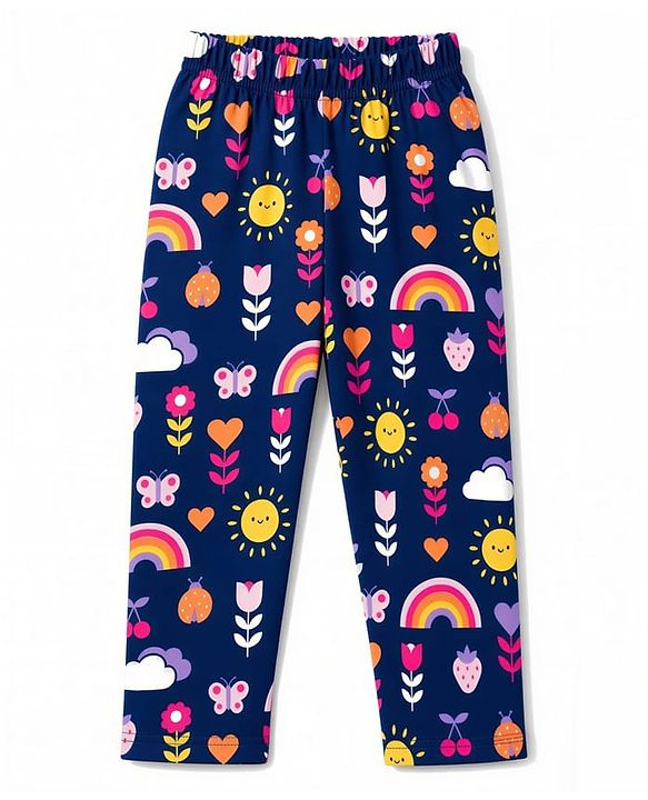 Babyhug Cotton Knit Full Sleeves Floral Butterfly & Hearts Printed Co-Ords Shirt & Pyjama Night Suit - Navy Blue