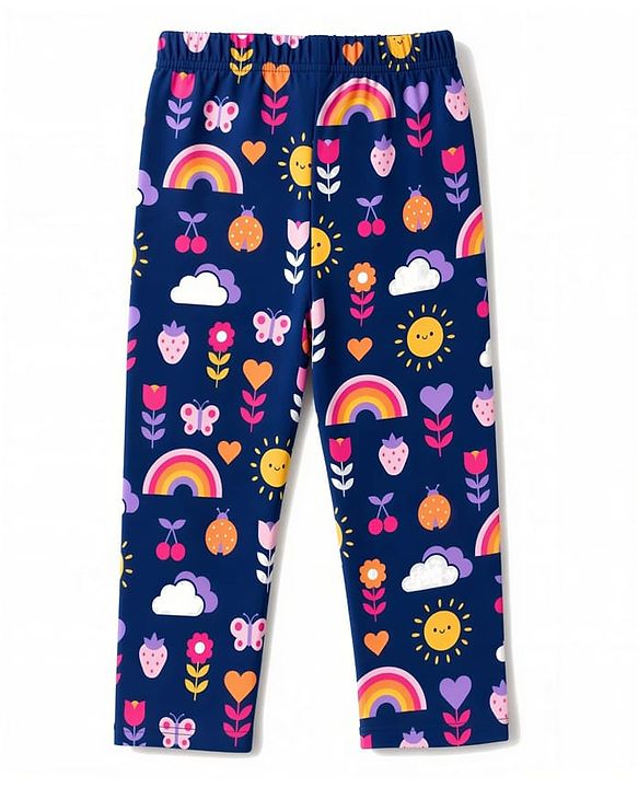 Babyhug Cotton Knit Full Sleeves Floral Butterfly & Hearts Printed Co-Ords Shirt & Pyjama Night Suit - Navy Blue
