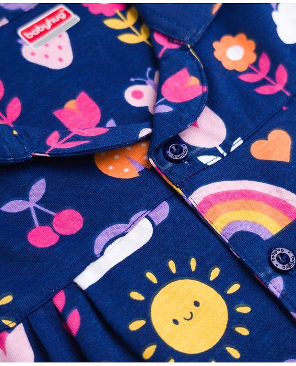 Babyhug Cotton Knit Full Sleeves Floral Butterfly & Hearts Printed Co-Ords Shirt & Pyjama Night Suit - Navy Blue