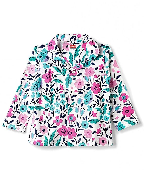 Babyhug 100% Cotton Knit Full Sleeves Shirt & Pyjama Night Suit with Floral Print - White