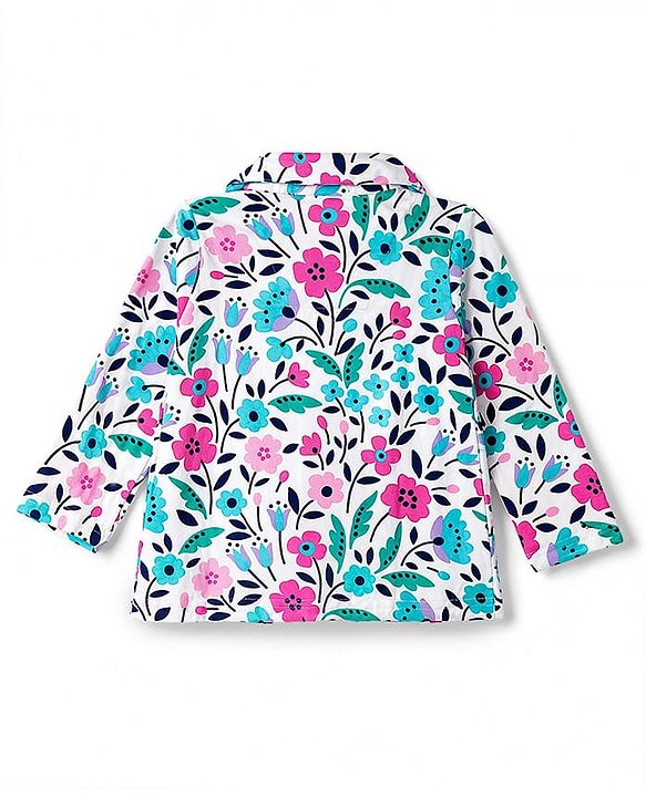 Babyhug 100% Cotton Knit Full Sleeves Shirt & Pyjama Night Suit with Floral Print - White