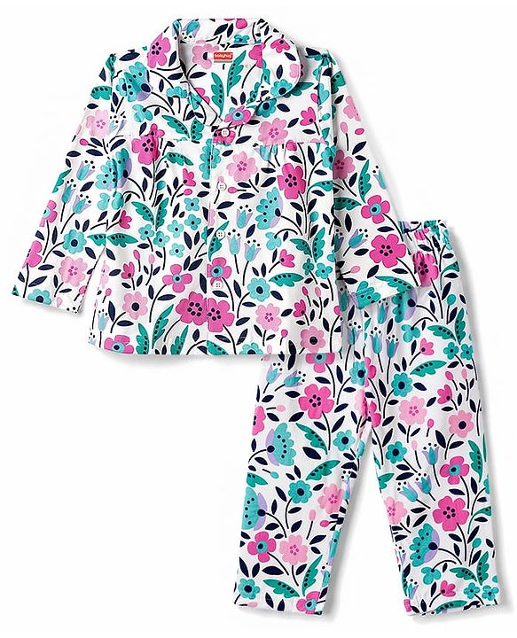 Babyhug 100% Cotton Knit Full Sleeves Shirt & Pyjama Night Suit with Floral Print - White