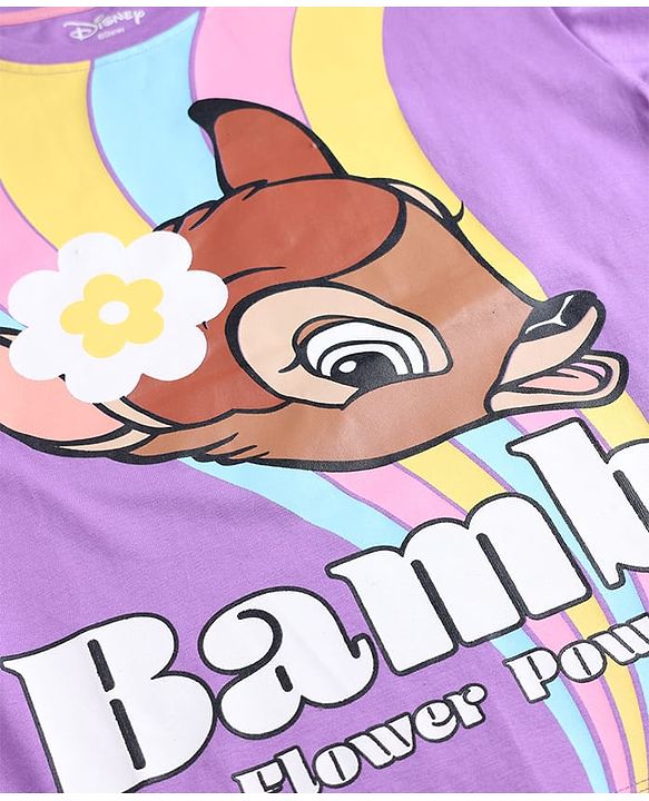 Pine Kids Disney Single Jersey Knit Half Sleeves Over Sized Drop Shoulder T-Shirt with Bambi Print - Purple