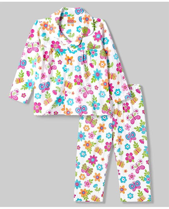 Babyhug 100% Cotton Knit Full Sleeves Shirt & Pyjama Night Suit with Floral Print - White